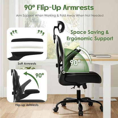 Office Chair Ergonomic Desk Chair - Mesh High Back Office Chair with Headrests Wheels Lumbar Support Home Desk Office Chairs Flip up Armrest Executive Rolling Computer Chair Black 2 Pack