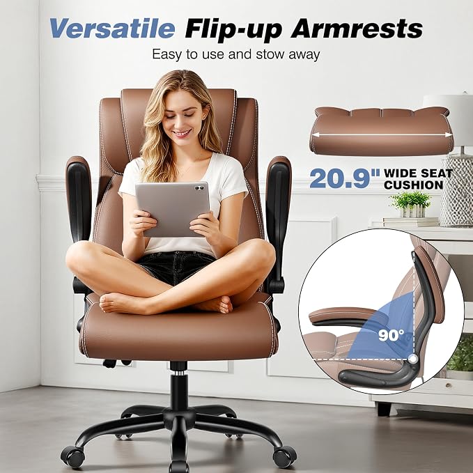 BESTFAIR Ergonomic Office Chair - Desk Computer Chair, Leather High Back Executive Chairs with Adjustable Lumbar Support & Flip Up Arms, Brown 6 Pack
