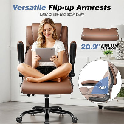 BESTFAIR Ergonomic Office Chair - Desk Computer Chair, Leather High Back Executive Chairs with Adjustable Lumbar Support & Flip Up Arms, Brown 6 Pack
