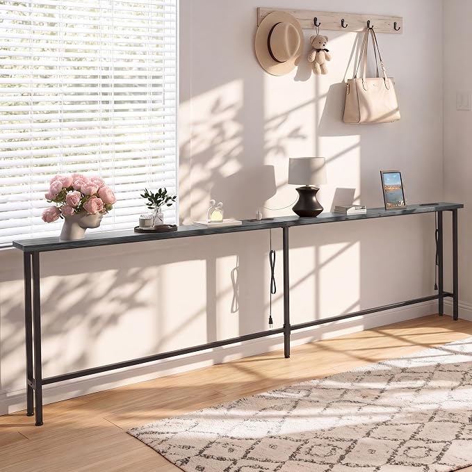 GRLEAF 90" Sofa Table with Built-in Power Strip (4 AC Outlets & 4 USB Ports) – 4.9ft Power Cord, Metal Frame, Easy Assembly, Long Couch Table Behind Sofa, Living Room and Home Office | Charcoal Gray