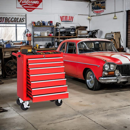 RYH 7 Drawers Rolling Tool Chest & Tool Box on Wheels | Heavy Duty Metal Cart with Ball Bearing Drawers | Fits US General Tool Box for Garage Storage (Red-6, 7 Drawers（29.6" H × 24.4" W × 13" D)