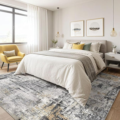 7x9 Area Rug Living Room: Washable Large Abstract Soft Stain Resistant Indoor Floor Rugs Non-Slip Accent Carpet for Bedroom Nursery Playroom Office Dining Room Home House- Gray Beige