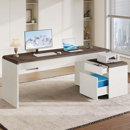 Mid-Century Modern 78" L-Shaped Executive Desk with Independent Mobile File Cabinet, Large Home Office Desk with Drawers and 4 AC + 2 USB Power Outlets, Waterfall Edge Design, White & Walnut