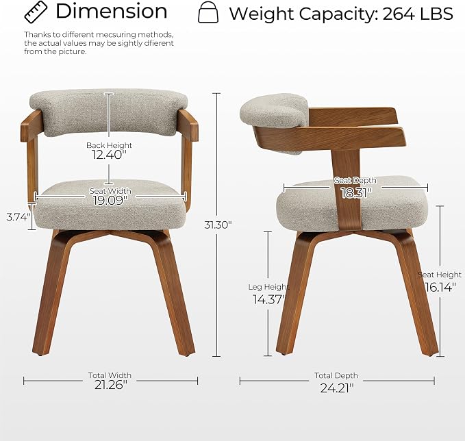 Art Leon Office Chair No Wheels - Mid Century Modern Desk Chair, Fabric Upholstered Accent Arm Chair with Wood Legs for Small Spaces Home Office Living Room Bedroom Study, Off White/Walnut