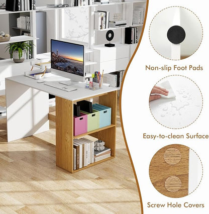 Tangkula Computer Desk, 44" Home Office Desk with 2-Tier Bookshelf, Study Writing Desk, Wooden Laptop Desk for Small Space, PC Workstation for Bedroom & Living Room (White & Natural)