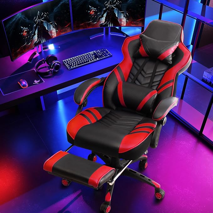 Goplus Gaming Chair, Computer Chair with Footrest and Lumbar Support, Height Adjustable Executive Swivel Rolling Task Chair with 90°-155° Tilt Function (Red)
