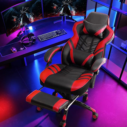 Goplus Gaming Chair, Computer Chair with Footrest and Lumbar Support, Height Adjustable Executive Swivel Rolling Task Chair with 90°-155° Tilt Function (Red)