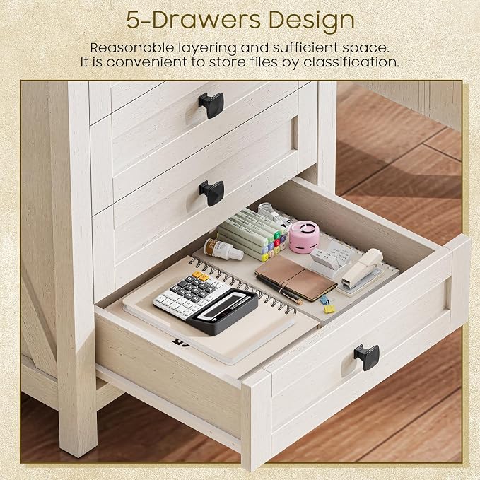 Halitaa 5 Drawer Storage Cabinet, Office Storage Cabinet with 5 Drawers, Small Farmhouse Printer Stand for Home Office, Rustic White and Black