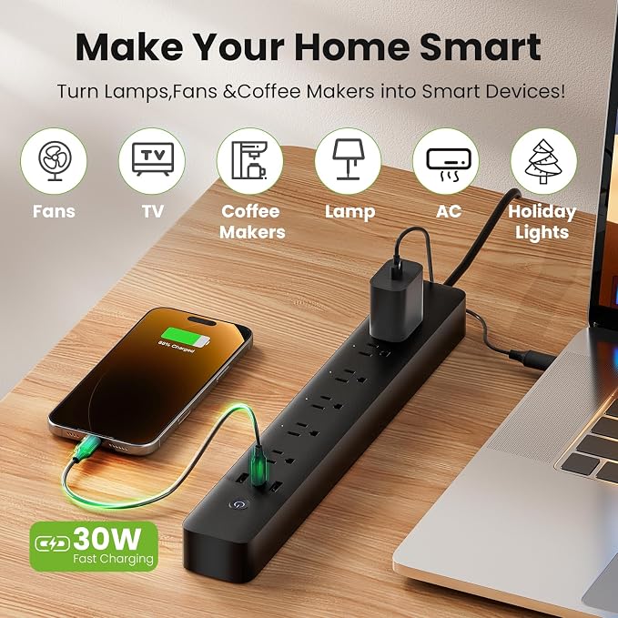 GHome Smart Power Strip 15A, 2.4G WiFi Smart Plugs That Work with Alexa & Google Home, Surge Protector Flat Plug with 6 APP Control WiFi Outlets, FCC Listed, 7.18 Ft Flat Extension Cord, No Hub Needed