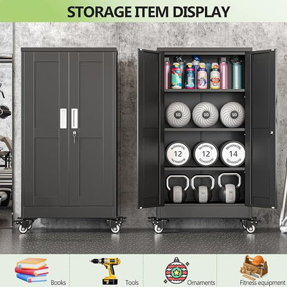 Metal Garage Storage Cabinets and storage system, 46”Tall Rolling utility cabinet with Wheels, Lock, 3 Adjustable Shelves, Heavy Duty Steel Tool Locker for Home Office, Utility Room, Gym,Black