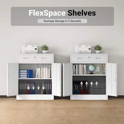 CJF Metal Storage Cabinet, Locking Storage Cabinet with 1 Drawer and Adjustable Shelf, 36" H x 28" W x 16" D White Metal Cabinets for Office, Home, Garage