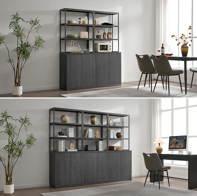 SICOTAS Fluted Book Shelf with Doors - 75" Tall Bookshelf with Storage 6 Tier Large Bookcase with Bottom Cabinet - Modern Metal Book Case for Living Room, Home Office, Kitchen and Library, 1 Piece
