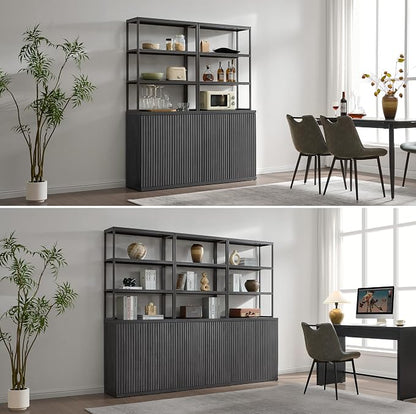 SICOTAS Fluted Book Shelf with Doors - 75" Tall Bookshelf with Storage 6 Tier Large Bookcase with Bottom Cabinet - Modern Metal Book Case for Living Room, Home Office, Kitchen, 3 Pieces