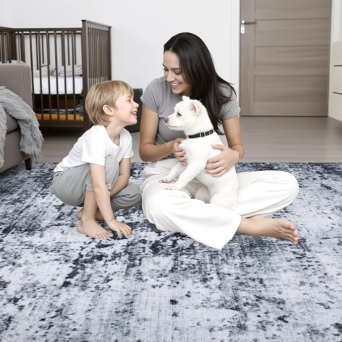 5x5 Area Rug Living Room Rug: Washable Modern Abstract Soft Thin Rug Indoor Floor No Slip Stain Resistant Carpet for Bedroom Dining Room Farmhouse Nursery Home Office - Black