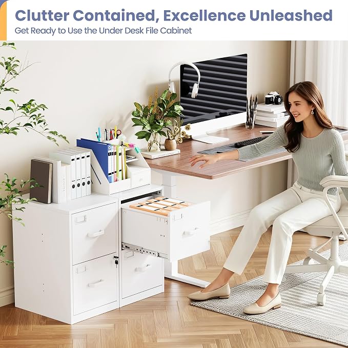 2-Drawer File Cabinet with Lock, Small Filing Cabinet Organizer for Hanging A4/Letter/Legal Size Folder, Under Desk Vertical Filing Cabinets for Home Office, Printer Stand, White