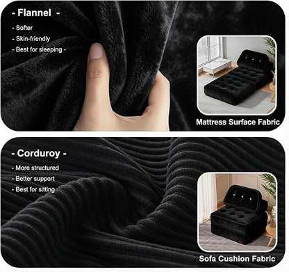 Folding Sofa Bed, Flannel Futon Couch Bed with Pillow and Blanket, Convertible Sleeper Chair for Living Room Bedroom (Two Black)