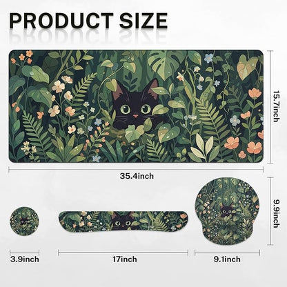 Britimes Green Plants Keyboard Mouse Pad Set Cute Black Cat 4in1 Large Mousepad+Keyboard Wrist Rest+Mouse Wrist Rest+Coaster Ergonomic Design for Home Office Computer 35.4x15.7 inches