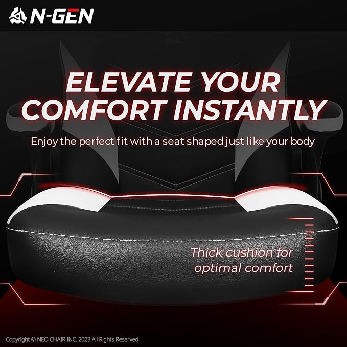 N-GEN Video Gaming Chair Ergonomic Computer Desk Office Chair with Lumbar Support Adjustable Height Swivel Wheels Flip-Up Arms PU Leather Home and Office (White)