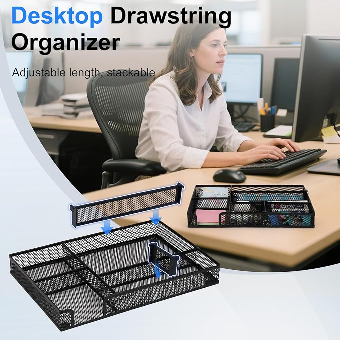 Desk Drawer Organizer, Junk Drawer Organizer Tray with 2 Adjustable Compartments, Desktop Metal Mesh Office Desk Organizer, Multifunction Pen Organizer Set for Office School Home Makeup Supplies (1)