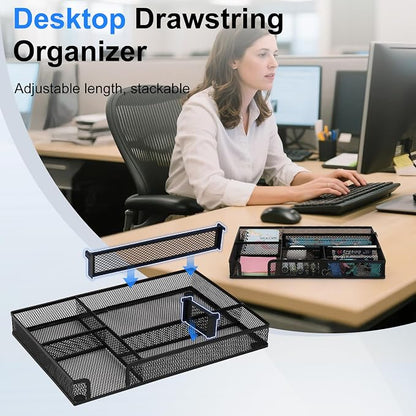 Desk Drawer Organizer, Junk Drawer Organizer Tray with 2 Adjustable Compartments, Desktop Metal Mesh Office Desk Organizer, Multifunction Pen Organizer Set for Office School Home Makeup Supplies (1)