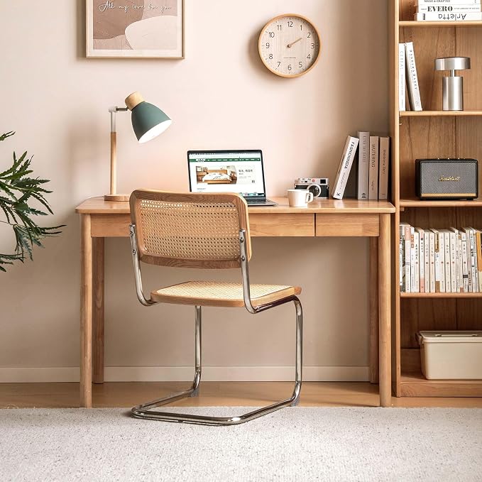 Solid Wood Computer Desk, Mid-Century Modern Home Office Desk with Storage Drawers, Writing Table for Study & Living Room 55.11" W Natural Wood