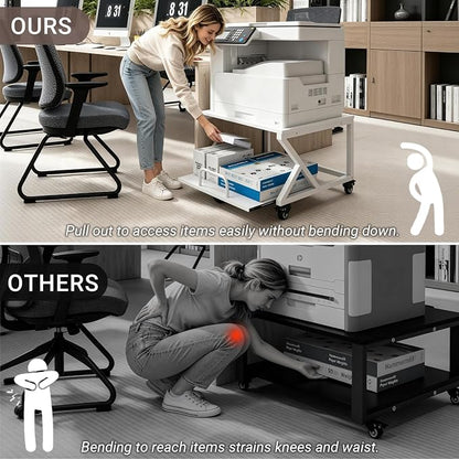 Natwind 2 Tier Printer Stand,23.6''x23.6'',with Pull Out Shelf,White | Easy Reach for Lower Shelf Items,Rolling Printer Cart with Wheels,Fits Under Desk,Supports 205lbs,for Home Office Kitchen