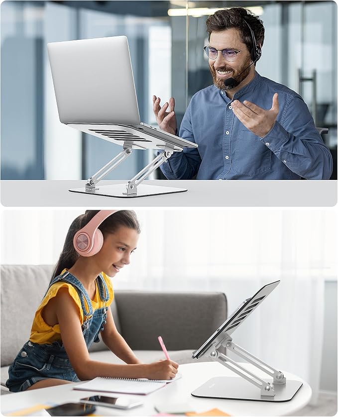 OMOTON Laptop Stand, Adjustable Metal Foldable Riser 10-17.2", Silver | Ergonomic Cooling Laptop Holder, Height Adjustable to 270mm for Sit-Stand, Portable Travel