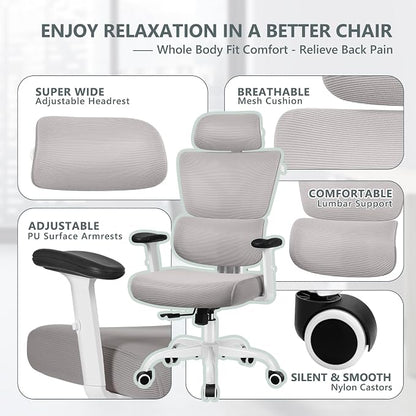 Winrise Office Chair Ergonomic Desk Chair, High Back Gaming Chair, Big and Tall Reclining Chair Comfy Home Office Desk Chair Lumbar Support Breathable Mesh Computer Chair Adjustable Armrests (Gray)