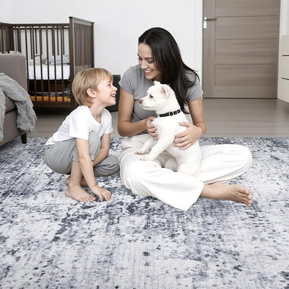 5x5 Area Rug Living Room Rug: Washable Modern Abstract Soft Thin Rug Indoor Floor No Slip Stain Resistant Carpet for Bedroom Dining Room Farmhouse Nursery Home Office - Grey
