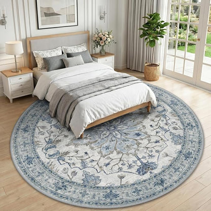 RELEANY Area Rugs Round 10ft Washable Non-Slip, Floral Vintage Distress Medallion Carpet for Living Room Bedroom Dining Room, Light Blue Navy Gray White