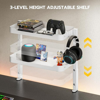 ARES WING 2-Tier Clamp On Desk Shelf, 16 inch Adjustable Above or Under Desk Storage Shelves Holds 66 lbs, Heavy Duty Desktop Organizer with Headphone Holder for Working and Gaming Accessories, White