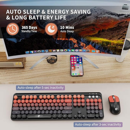 Wireless Keyboard and Mouse Combo, 2.4 GHz Wireless Full-Sized Typewriter Keyboard with Round Keycaps for Windows, Computer, Desktop, PC, Laptop (BlackOrange)