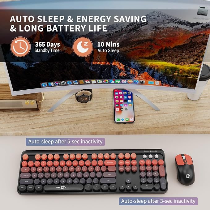 Wireless Keyboard and Mouse Combo - Cute Colorful Keyboard and Mouse, Retro Typewriter Keyboard with 2.4GHz Plug & Play, for Windows 11/10/7, Laptop, PC (Orange)