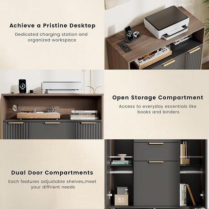 ModernMate Fluted Mobile Office File Cabinet with 3 Drawers, 37" Rolling Storage Cabinet with Charging Station, Small Printer Stand for Home Office, Black Walnut