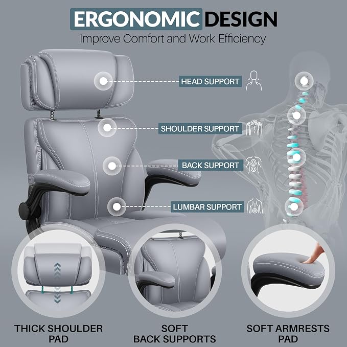 Office Chair, Ergonomic Big and Tall Computer Desk Chair with Retractable Adjustable Headrest, Executive Breathable Leather Chair, Lumbar Support Swivel Flip-up Armrests Rocking Function,Matte Gray
