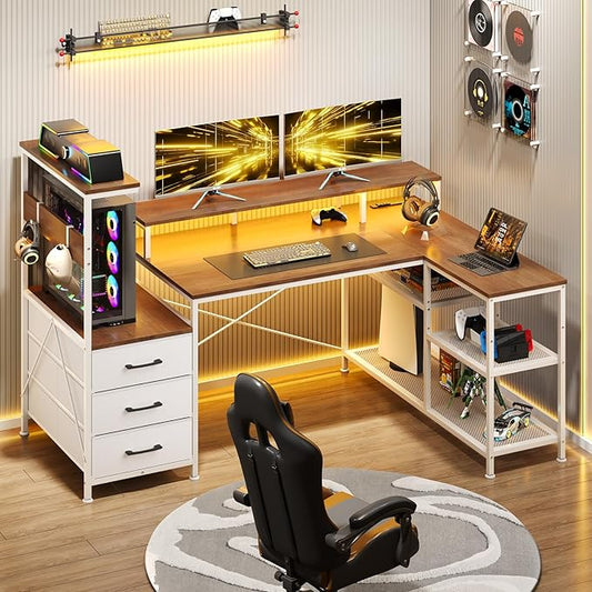 YOMILUVE L Shaped Gaming Desk with Drawers & Storage Shelves, White Gaming Desk with Power Outlets & LED Light, Reversible Computer Desk with Monitor Stand & Hooks, Brown and White