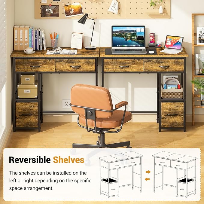 3IngSeagulls 33 Inch Small Computer Desk with Fabric Drawers, Home Office Desk with Storage Shelf, Compact Desks for Small Spaces, Teen Study Table for Bedroom, Rustic Brown