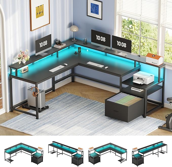 SEDETA 66" L Shaped Desk with Power Outlet, Reversible Home Office Computer Desk with File Drawer & Monitor Shelf, Storage Shelves, LED Lights for Corner Small Spaces, Black