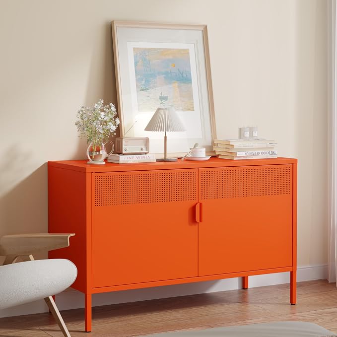 Metal Storage Cabinet with 2 Doors & Adjustable Shelves, 25" H Orange Accent Cabinet, Metal Locker Storage Cabinets, Tv Stand Cabinet for Home, Office, Living Room, Entryway