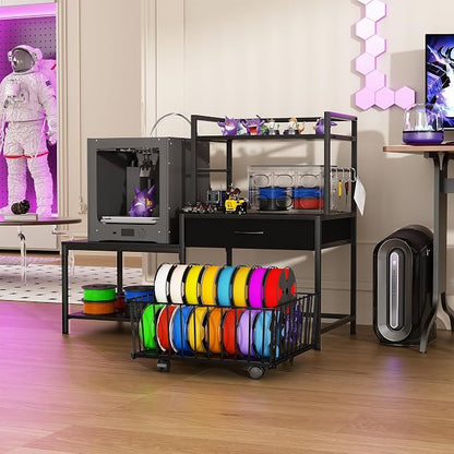 Saudism 3D Printer Stand with Storage Drawer and Rolling Filament Basket, Industrial Printer Table with Open Shelves and Hooks, Sturdy Metal Workstation for 3D Printing Tools and Accessories (Black)