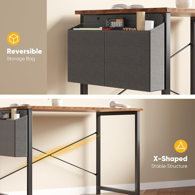 NEWBULIG 40 Inch Computer Desk Home Office Desks for Bedroom Writing Gaming Work Study Table with Storage Bag for Small Spaces, Modern Workstation in Rustic Brown