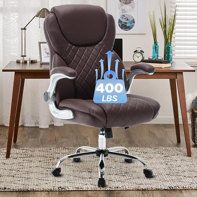 Leather Executive Office Chair, Big and Tall High Back Ergonomic Desk Chairs with Wheels, 90-120° Rocking Managerial Home Computer Chairs with Flip up Arms and Lumbar Support, Dark Brown