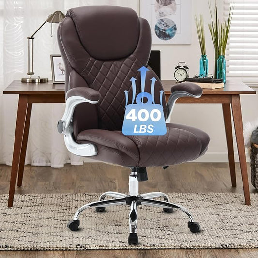 Leather Executive Office Chair, Big and Tall High Back Ergonomic Desk Chairs with Wheels, 90-120° Rocking Managerial Home Computer Chairs with Flip up Arms and Lumbar Support, Dark Brown