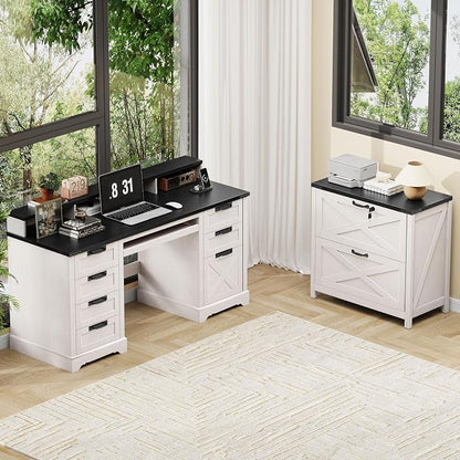 Lateral File Cabinet with 2 Large Drawers, Farmhouse File Cabinet with Lock for Letter/Legal/A4 Size Hanging Files, Wood File Storage Cabinets Printer Stand for Home Office Cabinets, White and Black
