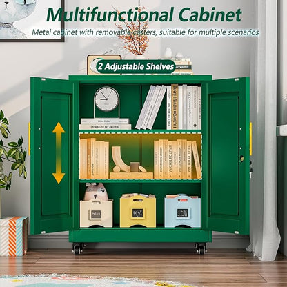 winiowa 36" Mobile Metal Storage Cabinet with Lock, Locking File Cabinet with 2 Adjustable Shelves & Wheels, Green Lockable Organizer for Home Office/Garage