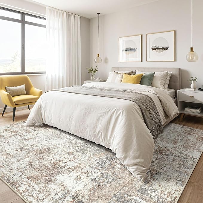 LOONGRUG 10x14Ft Area Rugs Living Room: Washable Large Abstract Modern Soft Rug Stain Resistant Indoor Floor Non Slip Accent Carpet for Bedroom Nursery Playroom Office Dining Room Dorm Home- Brown