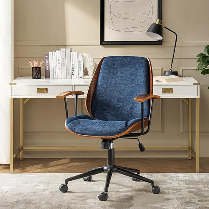 Modern Ergonomic Office Chair with Wood Frame & Metal Base, Swivel Home Office Desk Chairs with Adjustable Height, Comfy Upholstered Computer Chair, Navy
