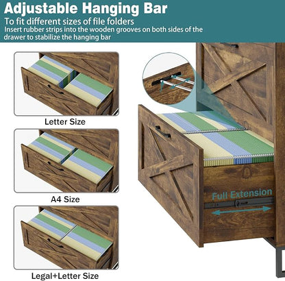 Vabches Lateral File Cabinet 2 Drawer File Cabinet with Charging Station for Legal/Letter/A4 Size Hanging Files, Large Wood File Storage Cabinets Printer Stand for Home Office, Rustic Brown