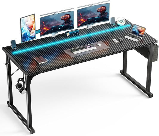 DurayLoly 63" Gaming Desk with LED Lights,Computer Desk with Storage Bag for Home Office, Long Desk with Headphone Hook for Study Writing Work Wood Desk,Sturdy Metal Frame,Bedroom,Black