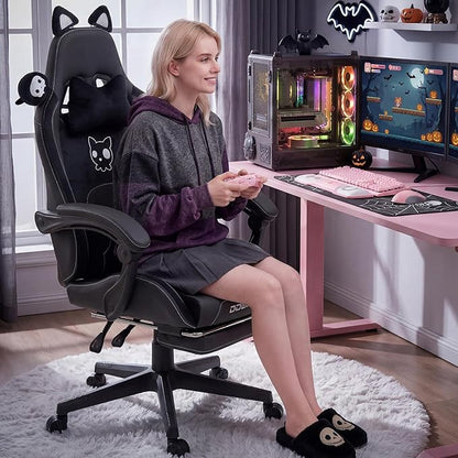 Dowinx Gaming Chair with Cat Ears and Massage Lumbar Support, Ergonomic Computer Chair with Footrest and Headrest, Comfortable Reclining Game Chair 290lbs for Adults, Black